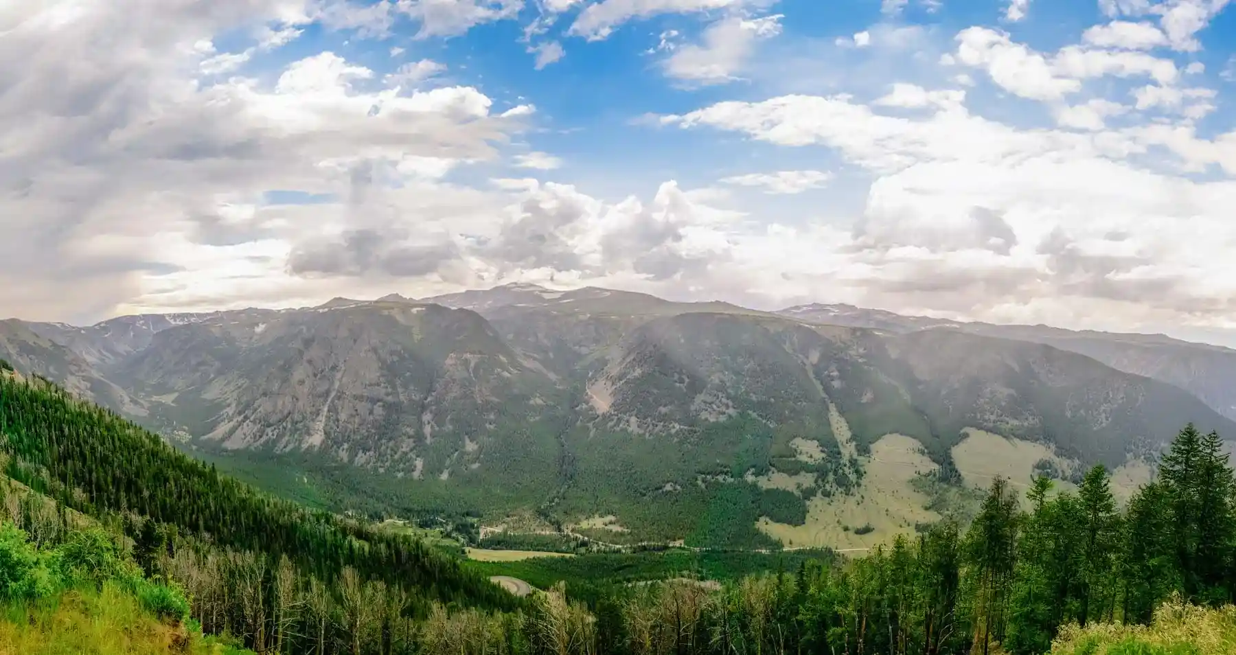 Panoramic mountain valley with dense evergreen forest in the foreground and a winding road beneath a partly cloudy blue sky.