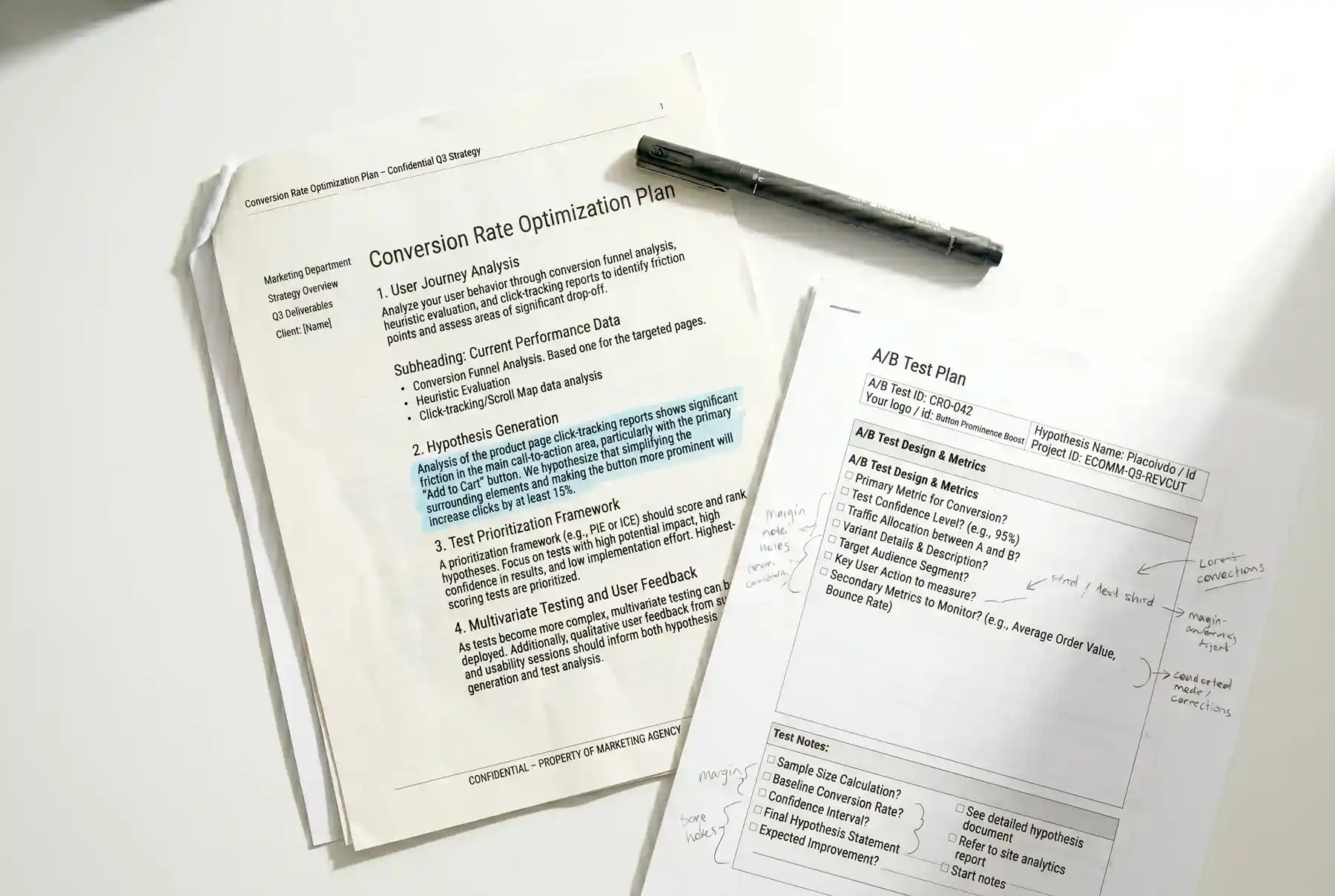 Stack of printed marketing documents on a white desk, including a 'Conversion Rate Optimization Plan' with a blue-highlighted section and a pen resting on top.