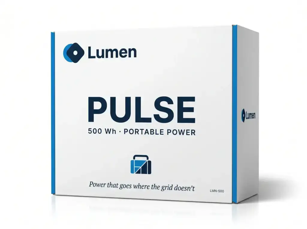 Box for Lumen Pulse 500 Wh portable power with blue trim and Lumen logo on the front