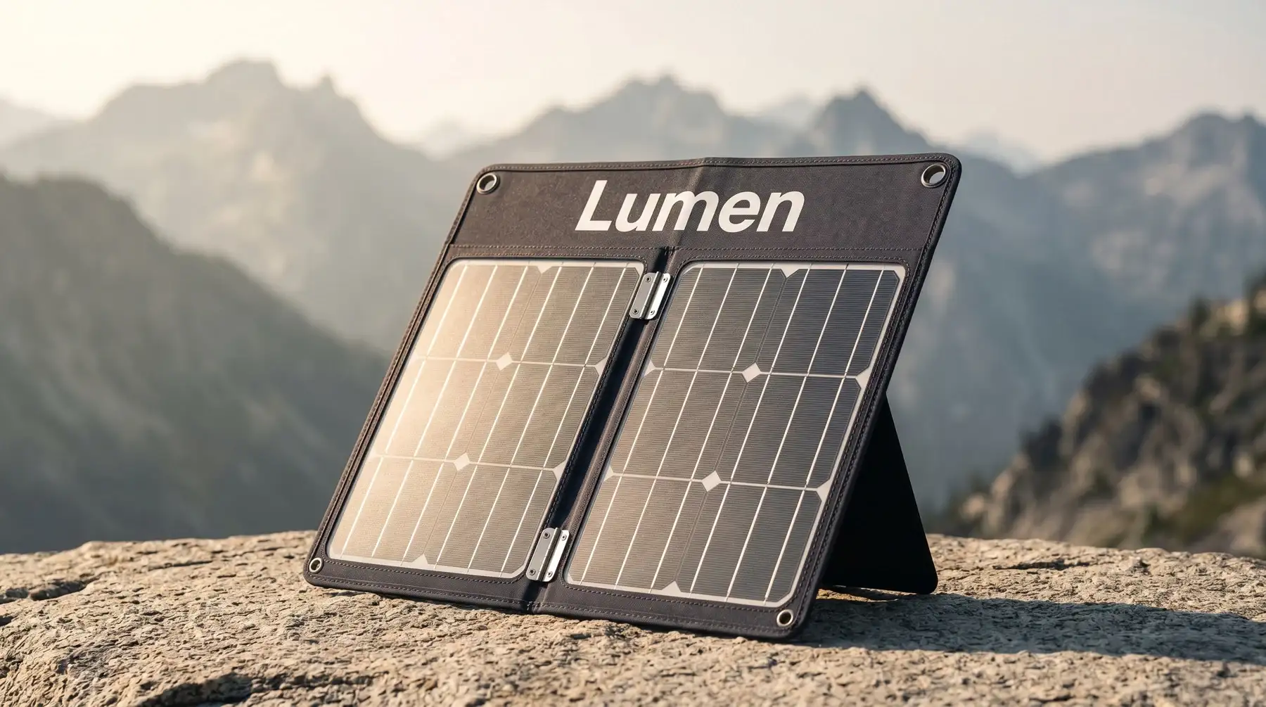 Lumen solar panel at a forest campsite, documentary lifestyle photography