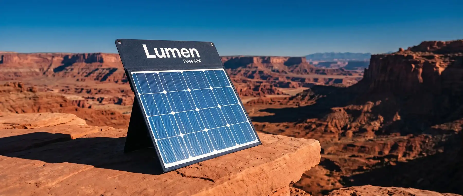 Lumen solar panel product hero shot in dry climate desert landscape