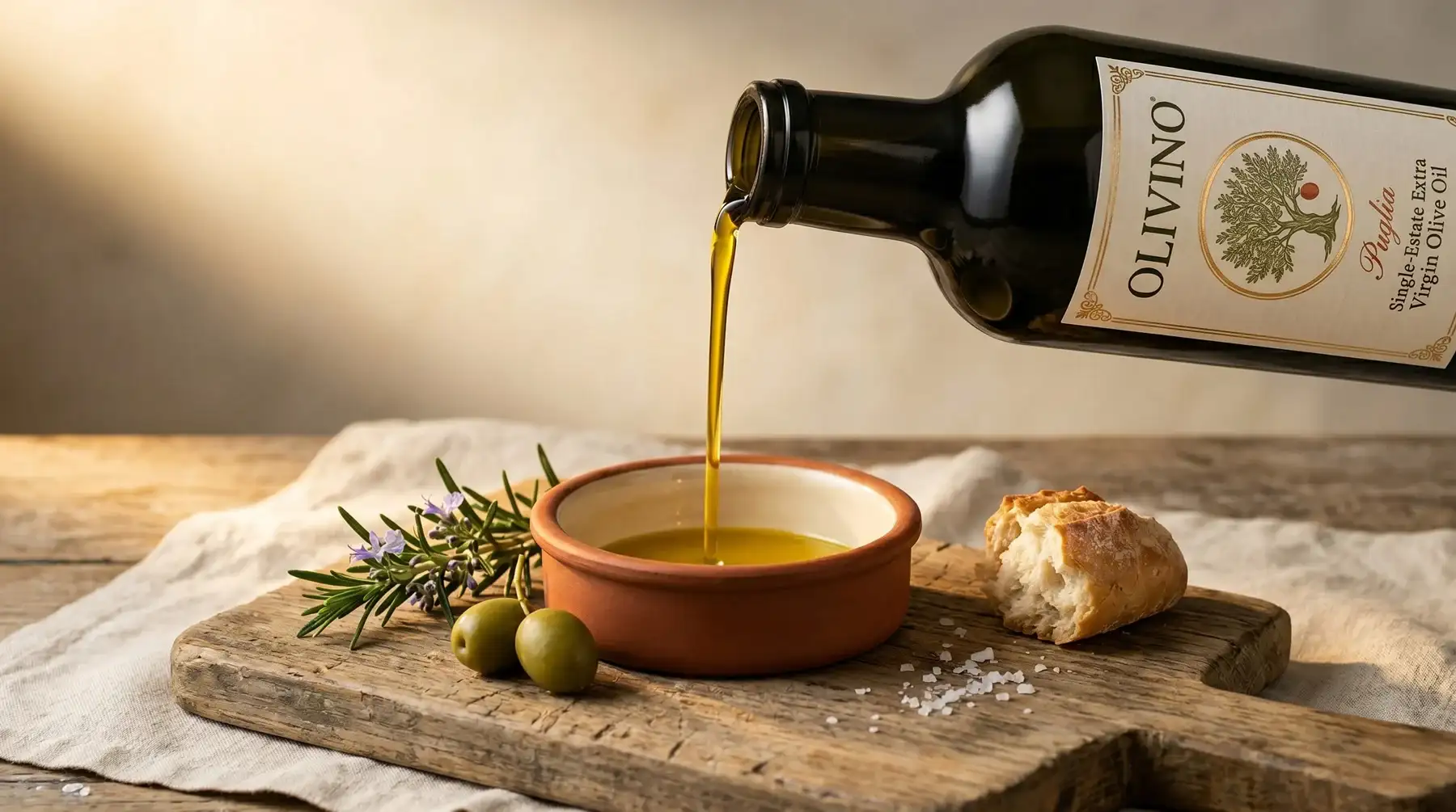 Olivino olive oil being poured into a rustic ceramic dish, lifestyle photography for brand identity work