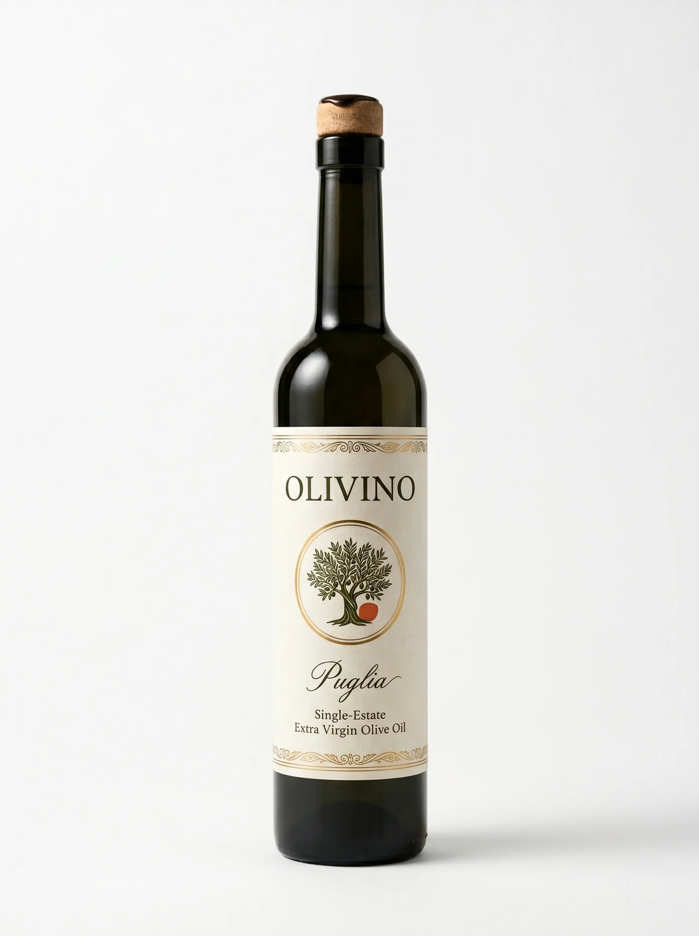 Olivino bottle hero shot, brand identity design example with hand-illustrated olive tree label